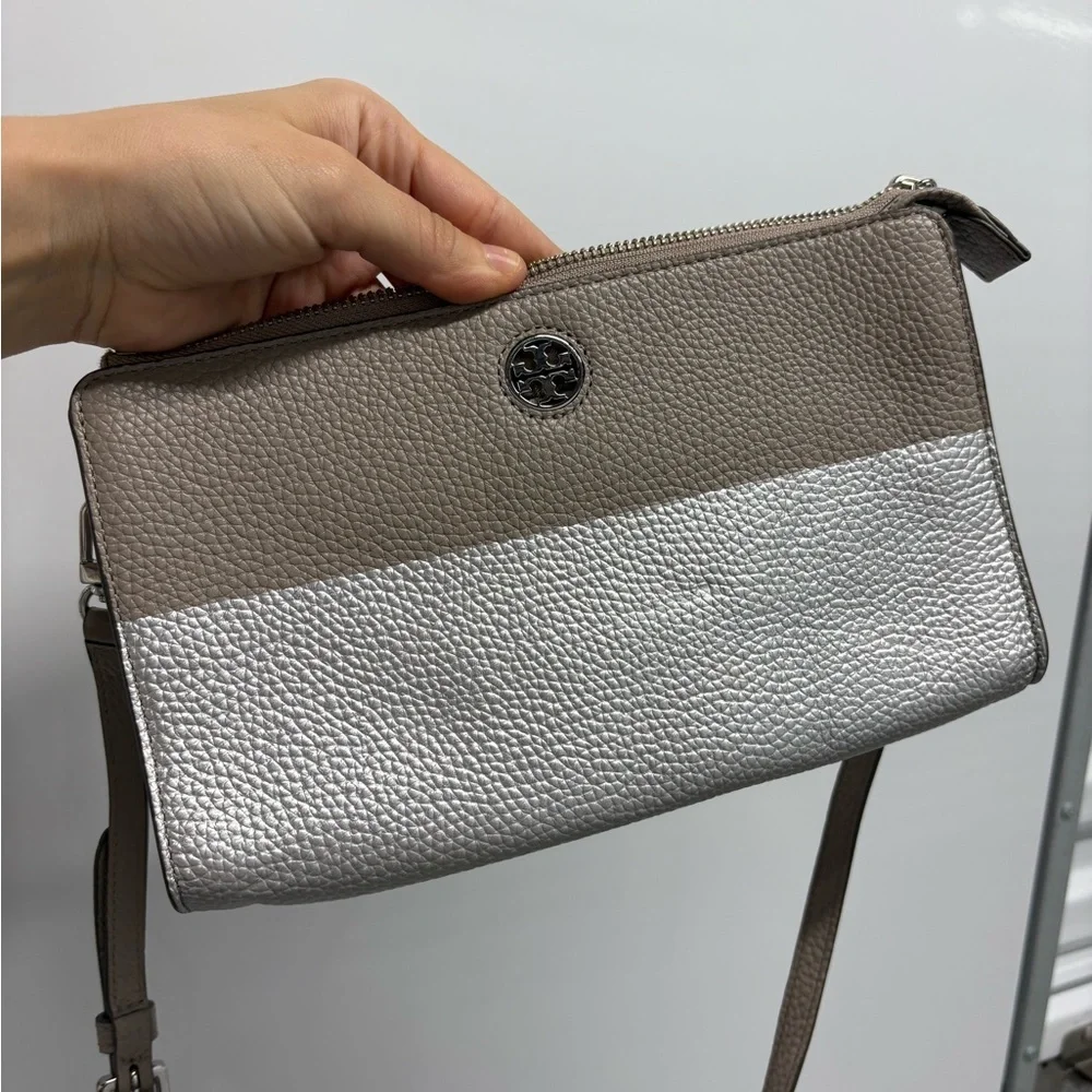 Tory Burch silver tan crossbody leather bag